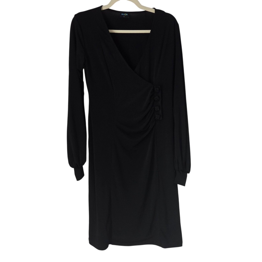 Olian Faux Wrap Dress Womens Small Black NWOT Ruched Beaded Long Sleeve V-Neck